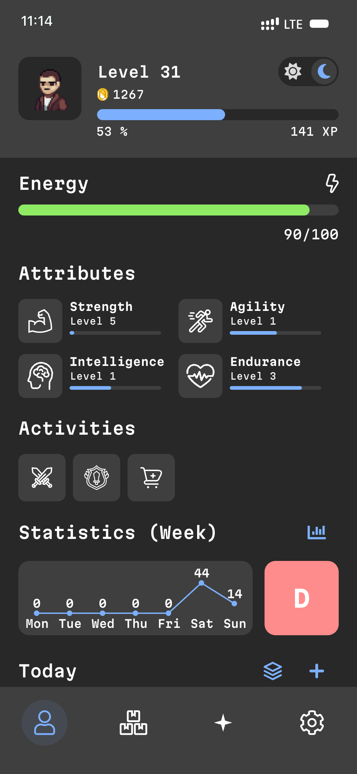 Character profile showing attributes Strength, Agility, Intelligence, Endurance