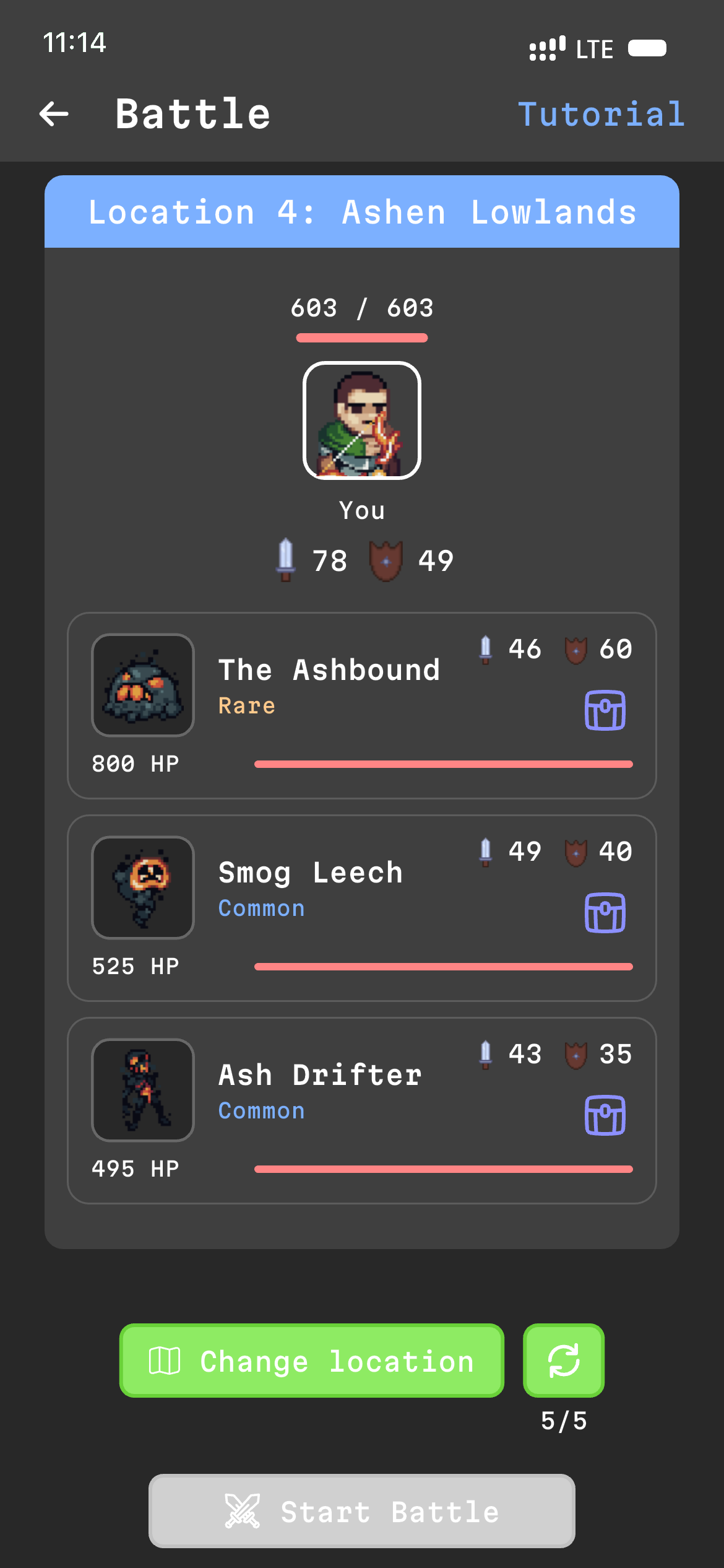 Battle screen showing hero versus location monsters
