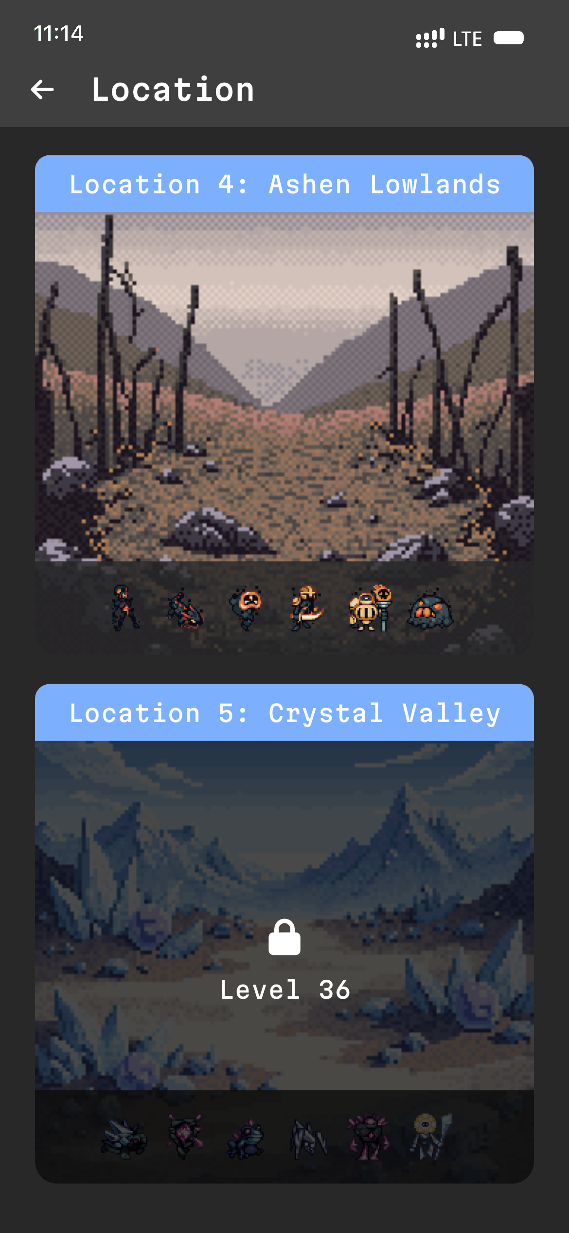 Location select screen showing Ashen Lowlands unlocked and Crystal Valley locked