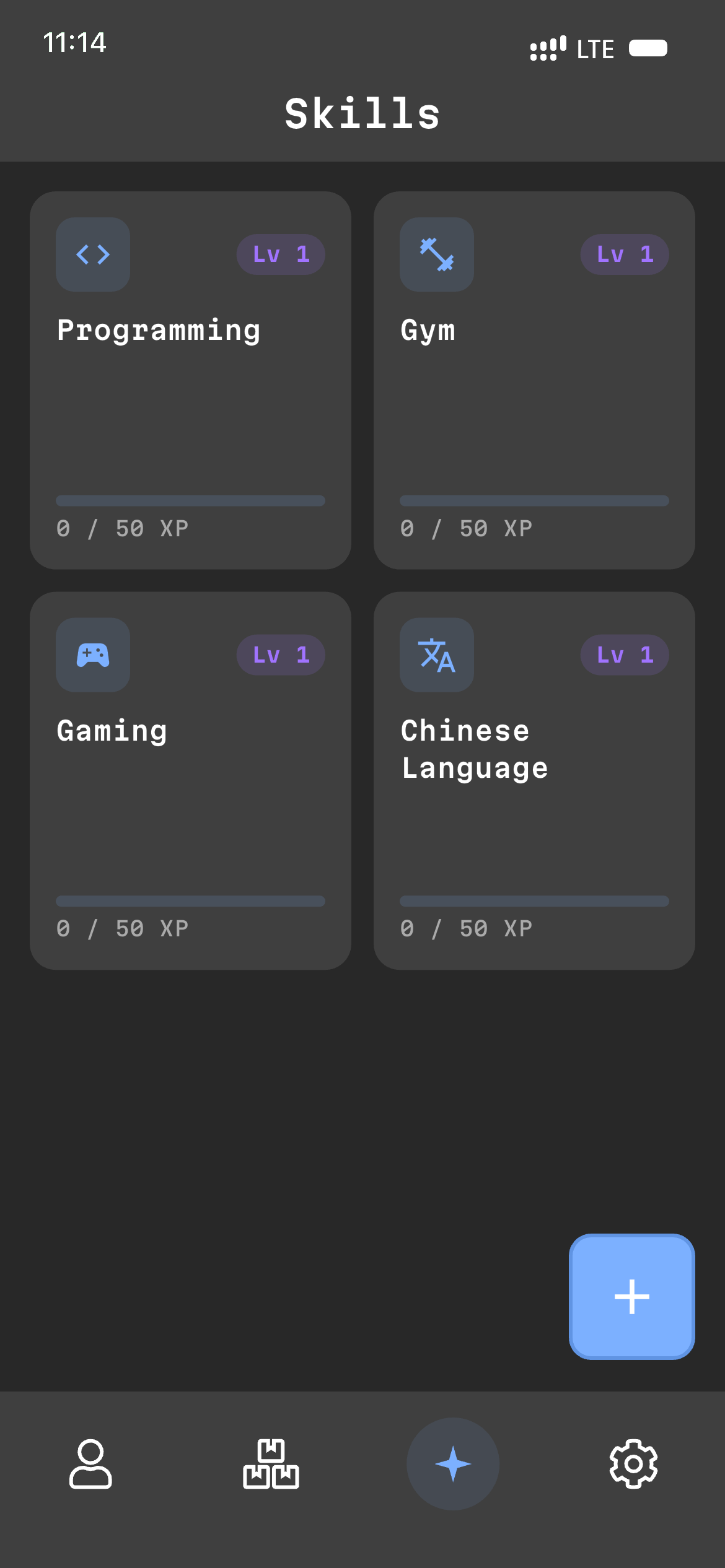 Skills tab showing Programming, Gym, Gaming, Chinese Language skill cards